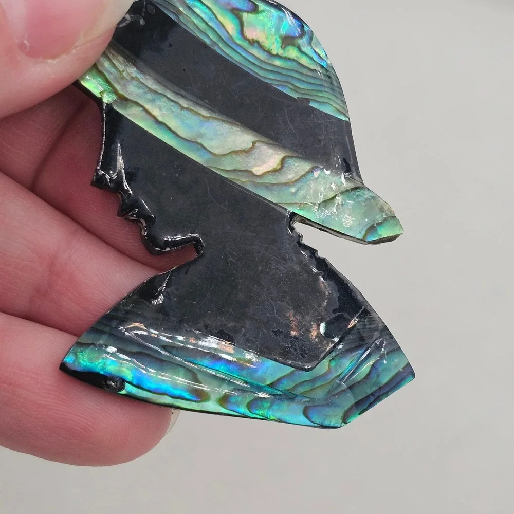 Vintage Abalone Shell Inlay Brooch Pin Set Lady in Hat Silhouette Mosaic Art